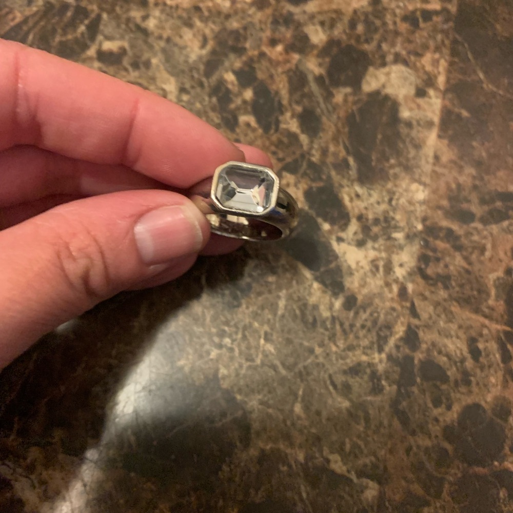 Bold Silver-Tone Statement Ring With Clear Emeral… - image 3